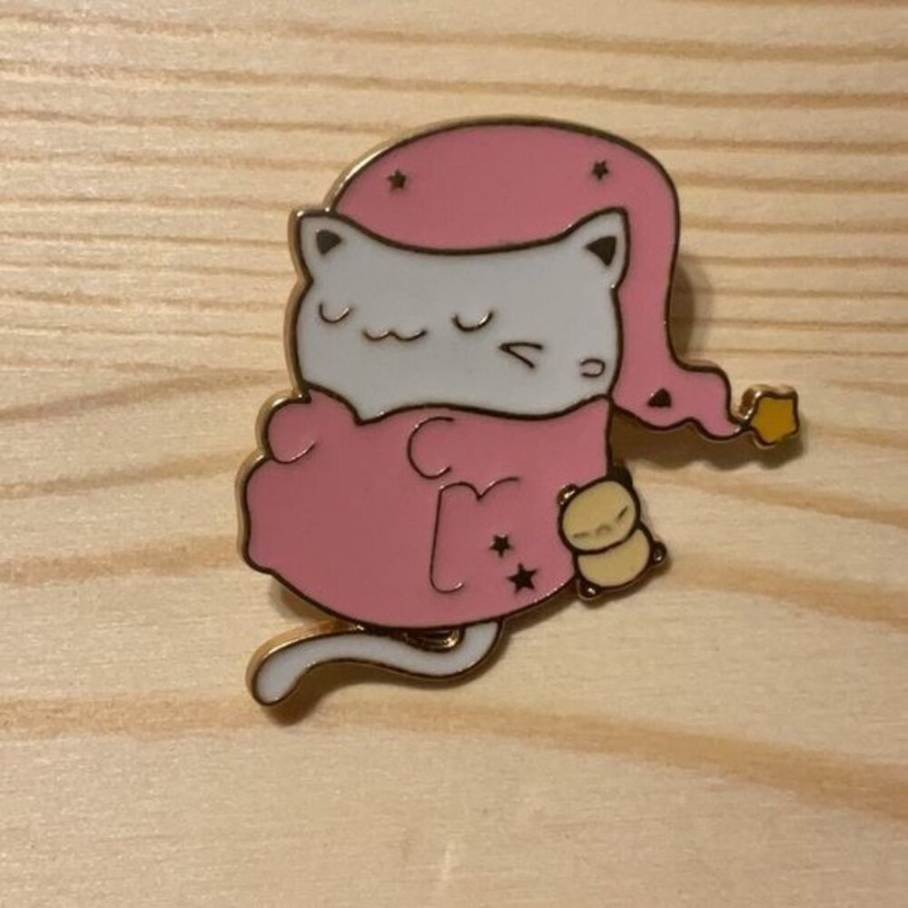 Sleepy Cat Enamel Lapel Pin Pink Nightcap Crescent Moon Design